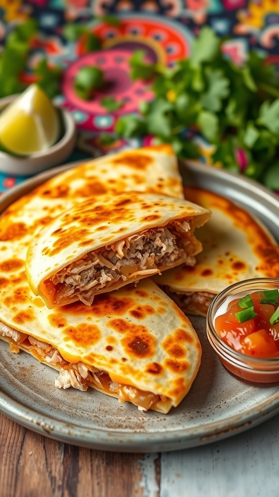 Crispy Air Fryer Pork Quesadilla Recipe Crispy air fryer pork quesadilla wedges with cheese and pork filling, served with sour cream and salsa.